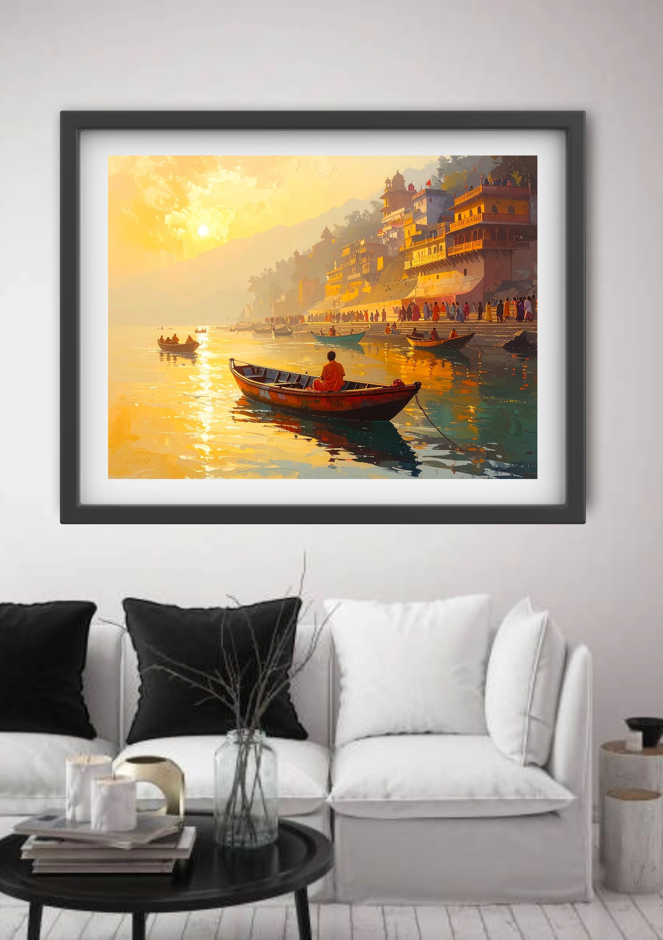 Varanasi ghat wall art canvas in modern home interior
