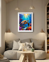 colorful ocean turtle artwork displayed in cozy bedroom interior
