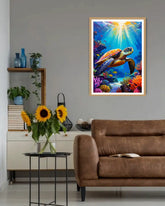 colorful sea turtle wall art displayed above sofa in modern living room