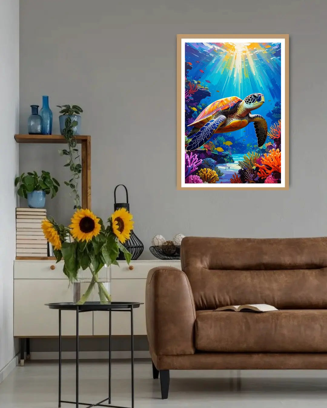 colorful sea turtle wall art displayed above sofa in modern living room