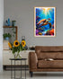 colorful sea turtle wall art displayed above sofa in modern living room