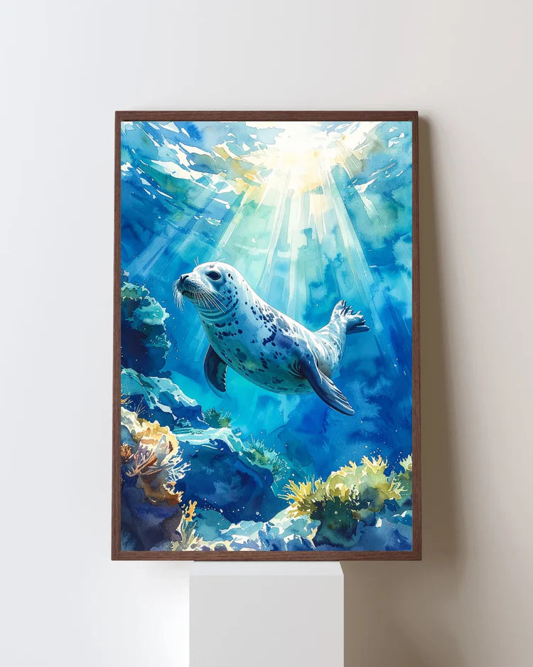 Framed artwork of a seal underwater with sunlight filtering through the water.