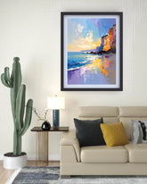 coastal sunset painting displayed in cozy living room setup
