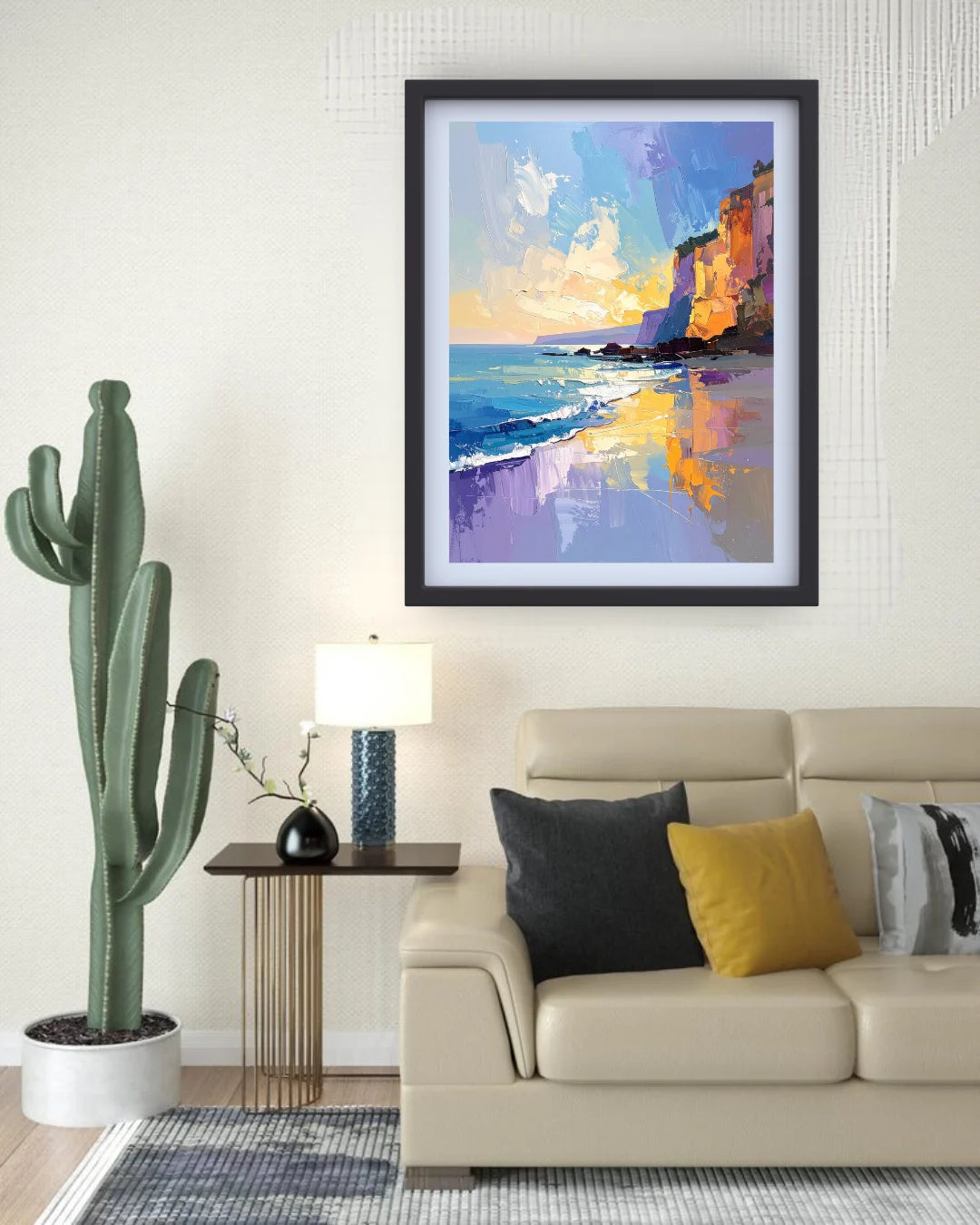coastal sunset painting displayed in cozy living room setup