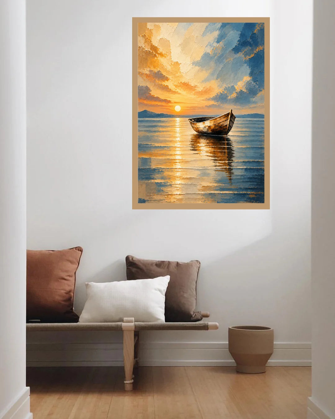 A framed vertical canvas print of a sunset boat painting hanging on a white wall above a wooden bench with decorative pillows in a modern living room setting.