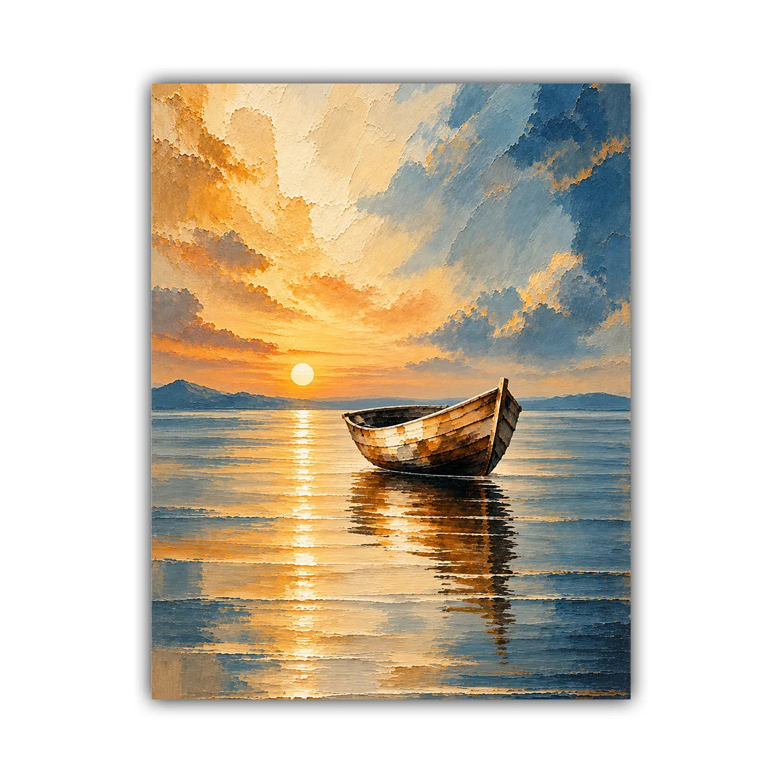 A square canvas painting of a wooden rowboat floating on calm water at sunset, with golden clouds, a bright sun, and blue-gray sky reflected on the water surface.