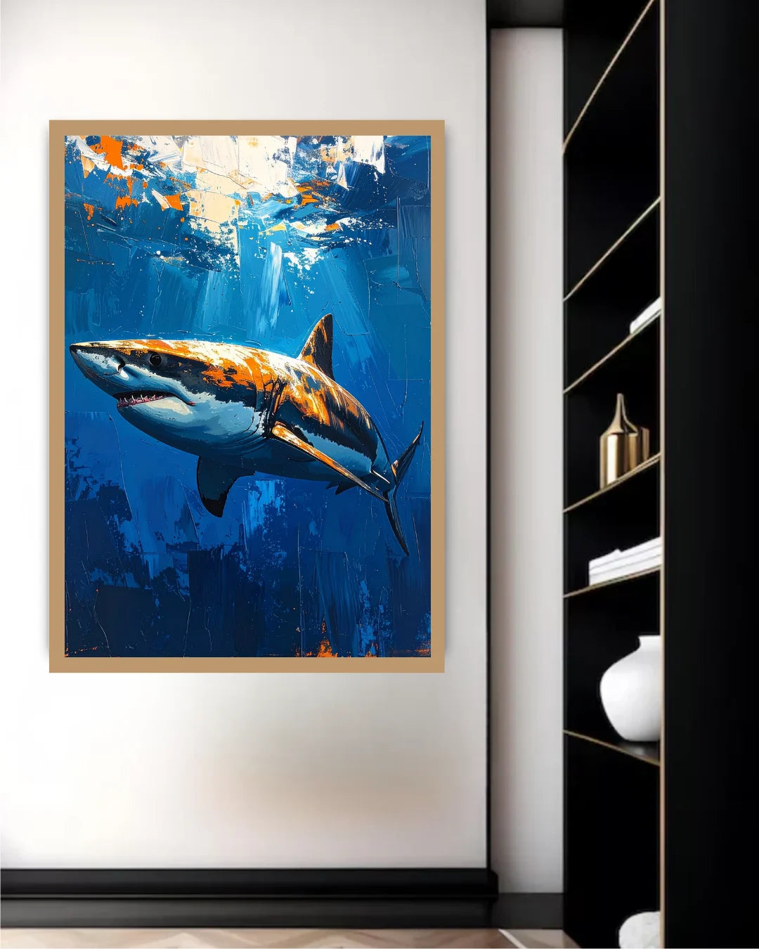 Framed artwork of a shark in an underwater scene on a wall.