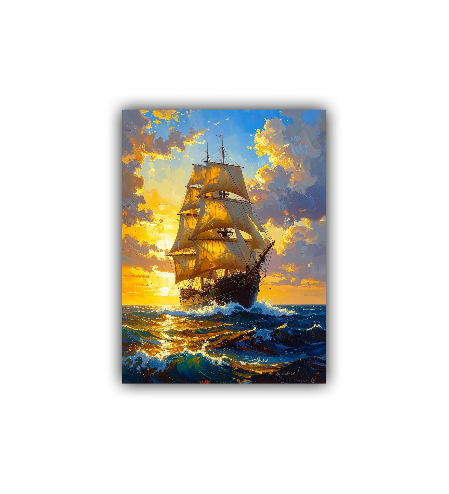 close-up of sailing ship wall art canvas with golden sunset