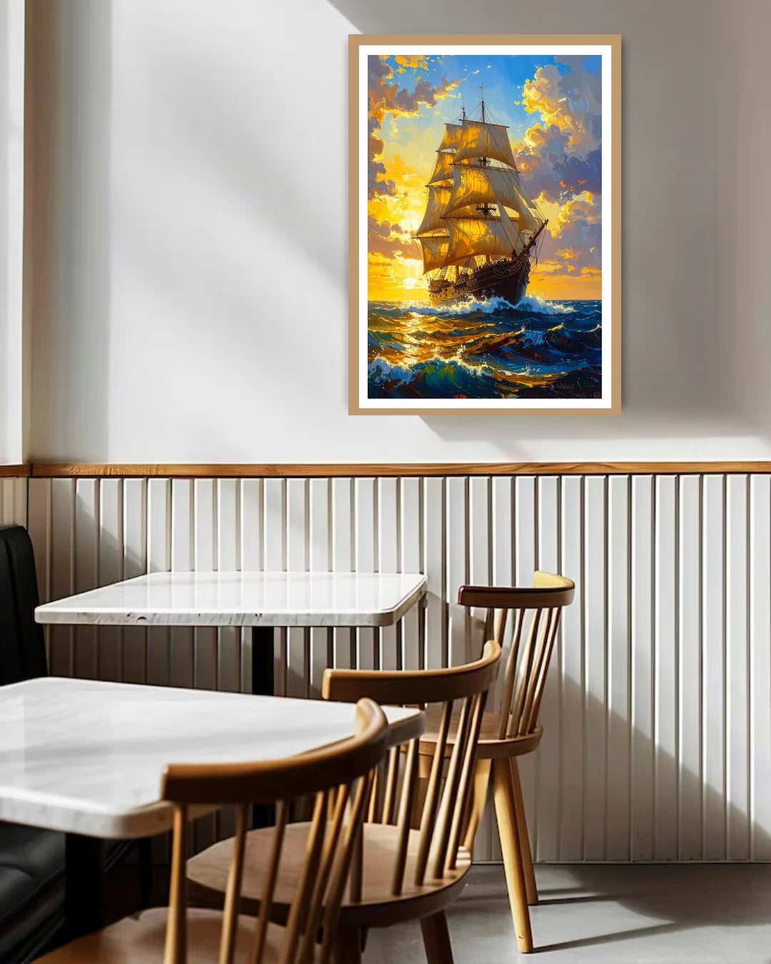 ocean sailing ship painting displayed in stylish home interior