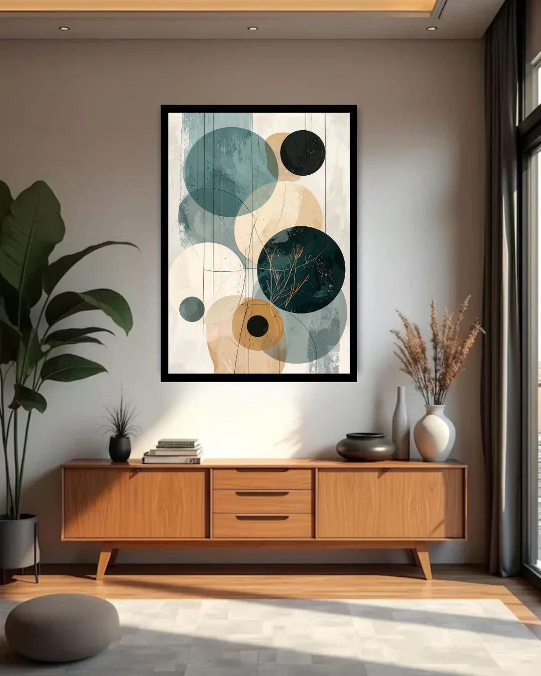 Modern living room with a wooden sideboard, abstract wall art, and decorative plants.