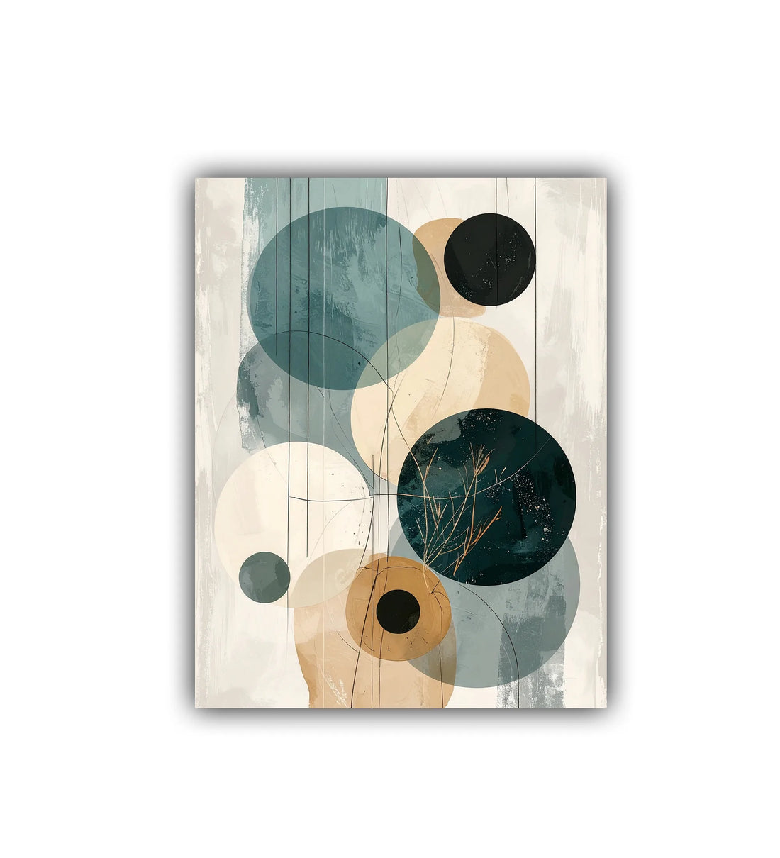 Abstract art print with circular shapes in earthy tones on a light background