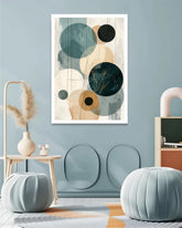 Abstract art print on a wall in a modern living room with decor elements.