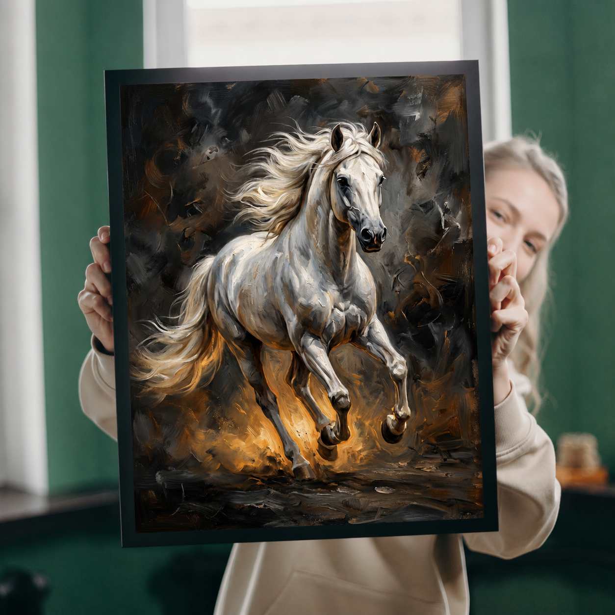 Person holding a framed painting of a dynamic horse scene