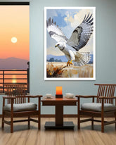 Framed soaring eagle canvas painting showcased in a stylish dining area overlooking a sunset view.
