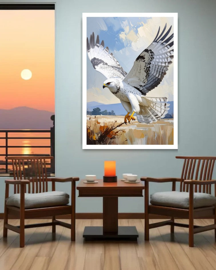 Framed soaring eagle canvas painting showcased in a stylish dining area overlooking a sunset view.