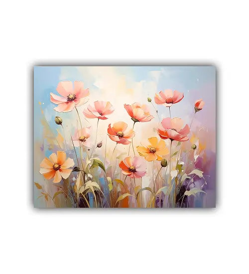 Close-up view of soft pastel floral wall art canvas painting
