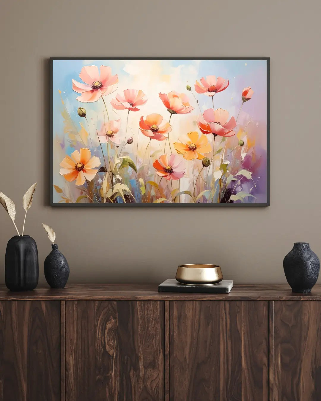 Soft pastel floral wall art canvas displayed above a dark wooden cabinet
