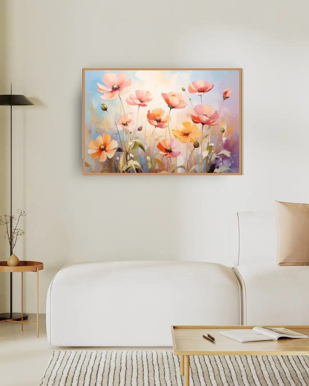 Soft pastel floral wall art canvas hanging in a minimal light-colored interior
