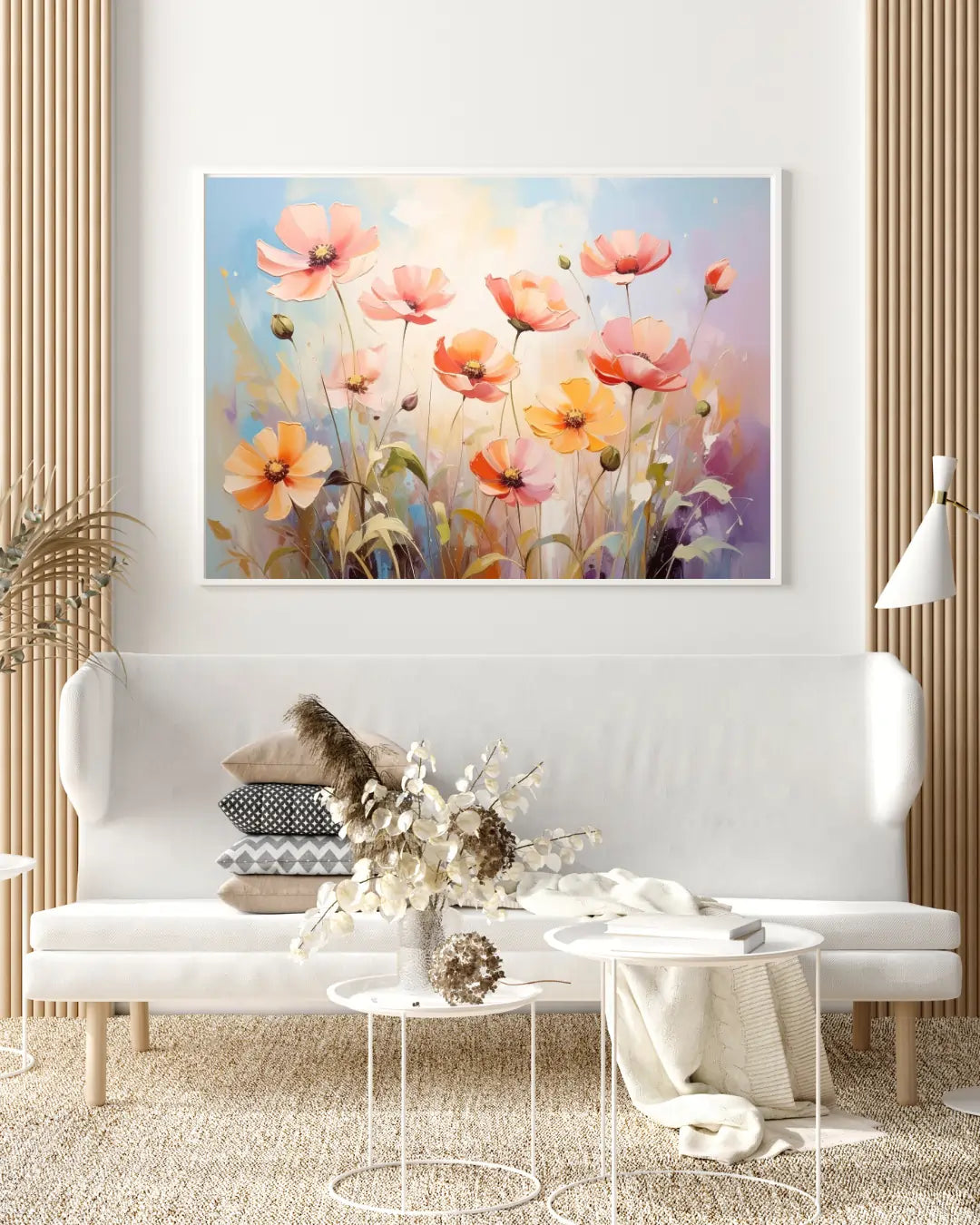 Soft pastel floral wall art canvas displayed above a white sofa in an elegant living room
