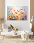 Soft pastel floral wall art canvas displayed above a white sofa in an elegant living room

