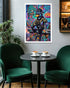 Colorful duck graphic on a wall above a table with two cups in a cafe setting