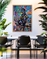 Colorful urban-themed poster of a duck in a cityscape setting in a modern office.