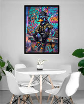 Three abstract art prints in green and beige frames above a sofa with decorative pillows.