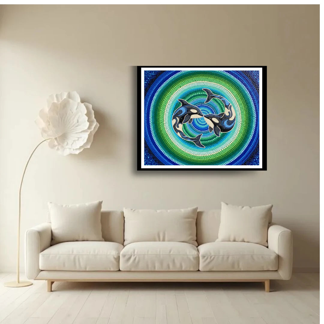 Spiritual mandala dolphin wall painting for peaceful home interior

