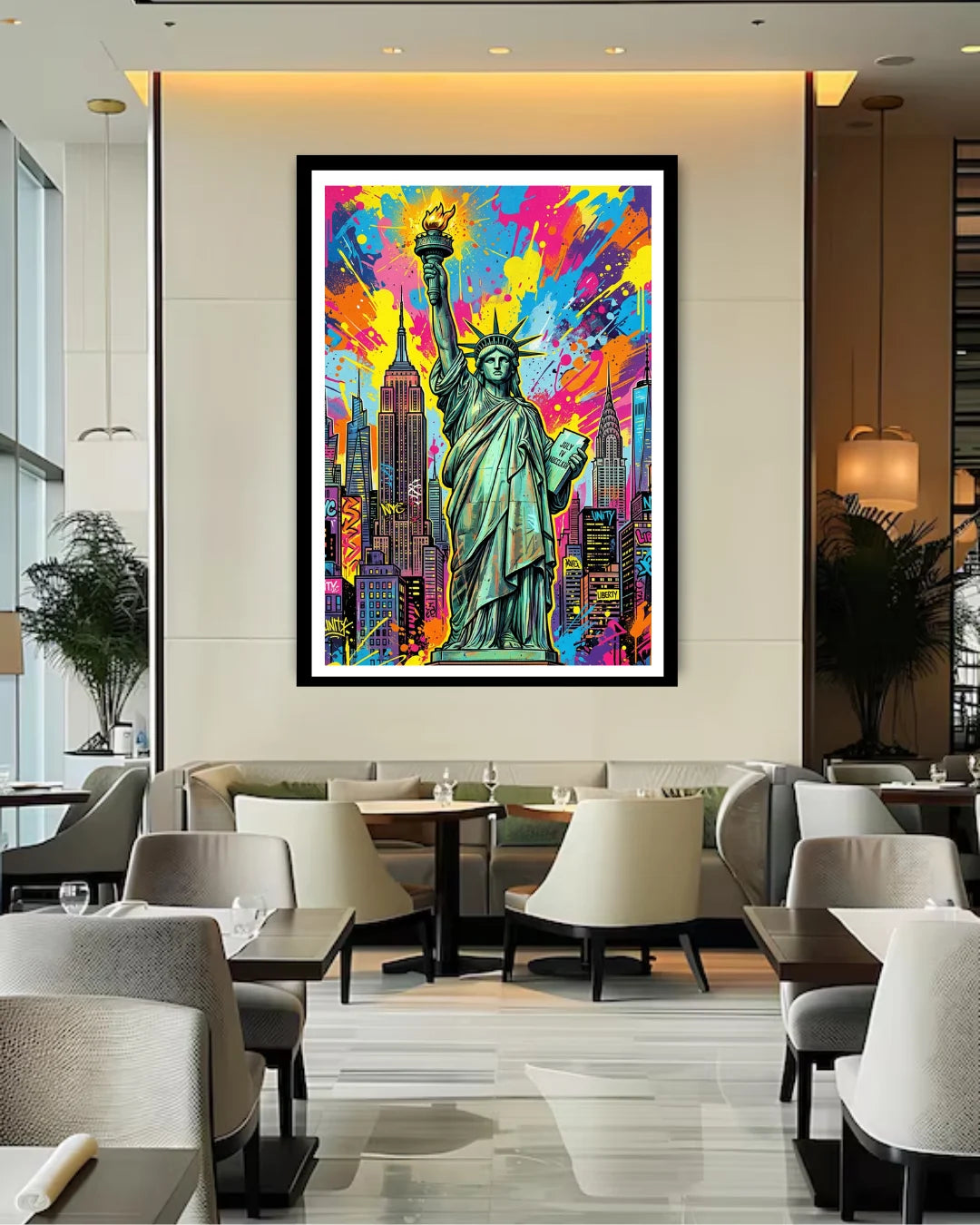Colorful abstract art of the Statue of Liberty and New York skyline in a modern restaurant setting.