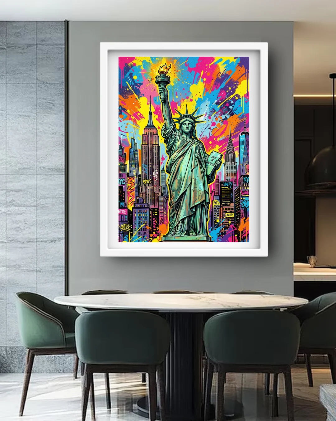 Colorful framed artwork of the Statue of Liberty and New York skyline in a modern dining room.