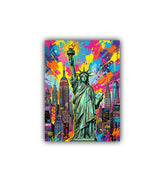 Colorful depiction of the Statue of Liberty and New York City skyline on a white background