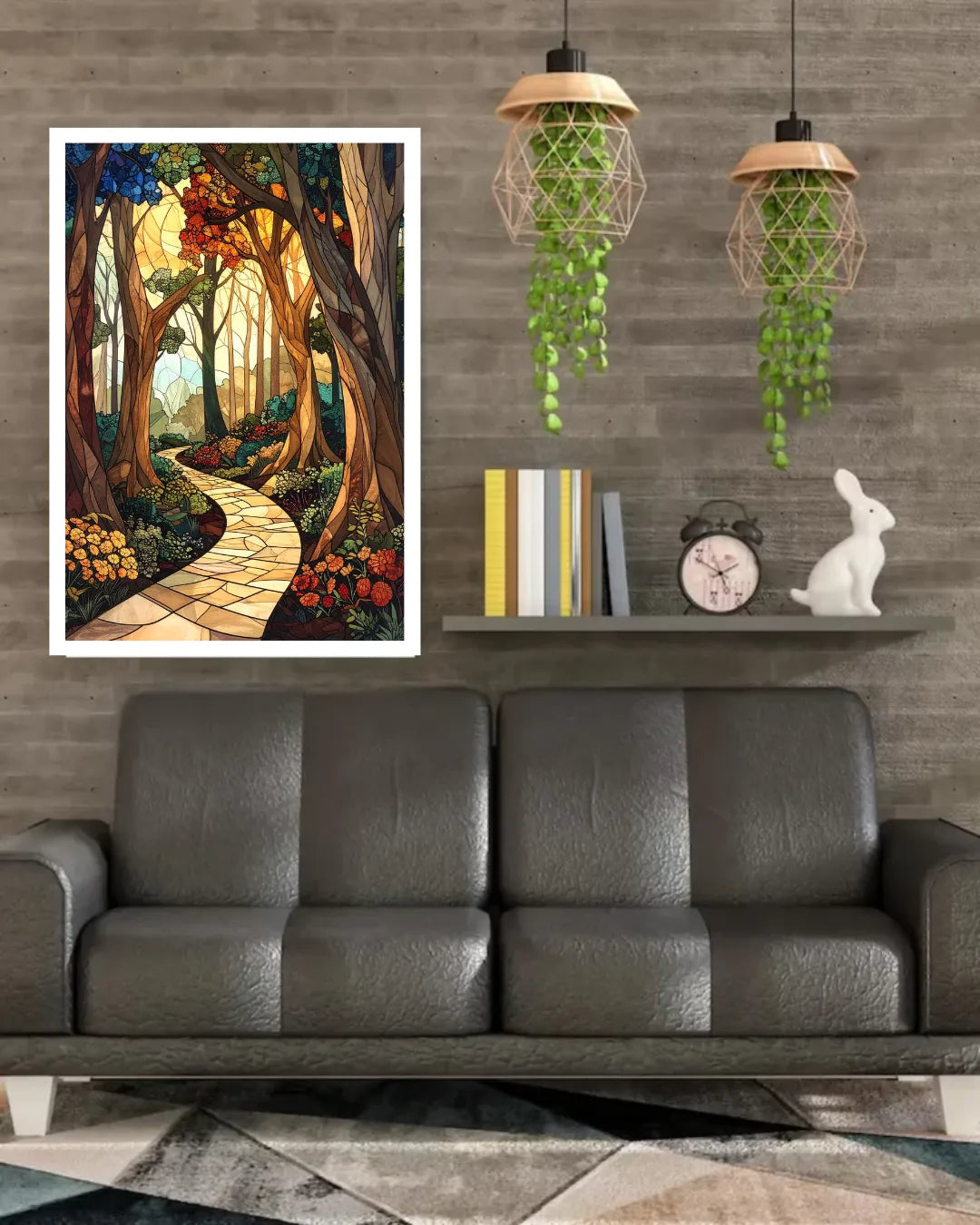 A framed art print depicting a winding stone path through a dense forest with colorful trees and flowers, displayed on a gray wall above a dark leather sofa in a modern living room setting.