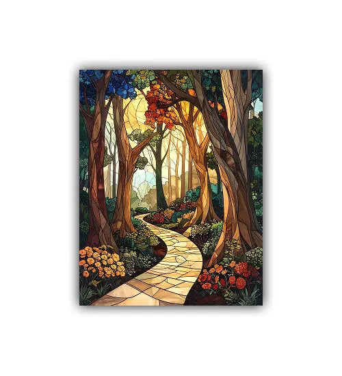 Stylized forest scene with a path and colorful flowers on a white background