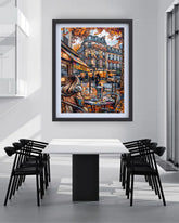 cityscape canvas artwork displayed in cozy living room