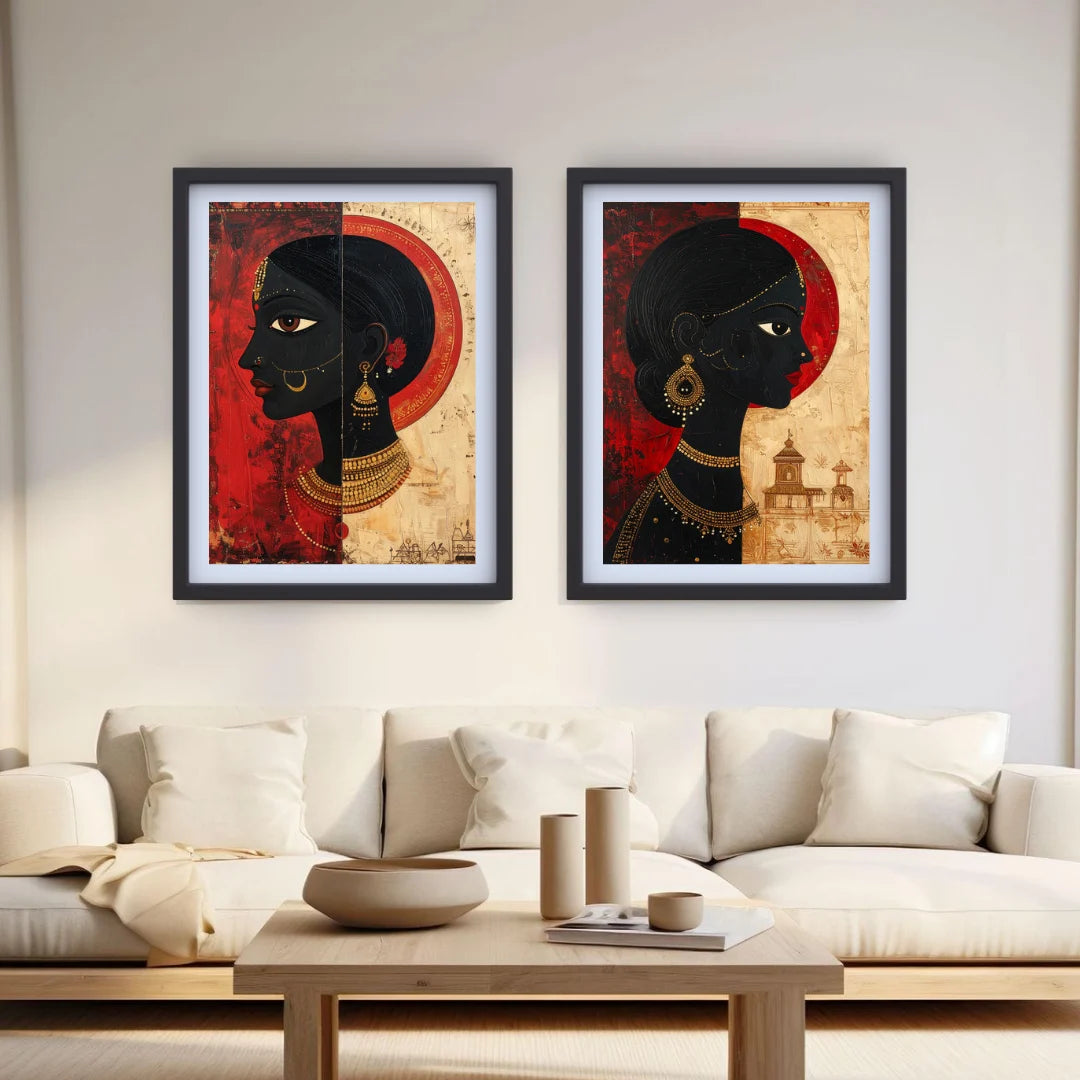 Two framed artworks of a stylized black woman&