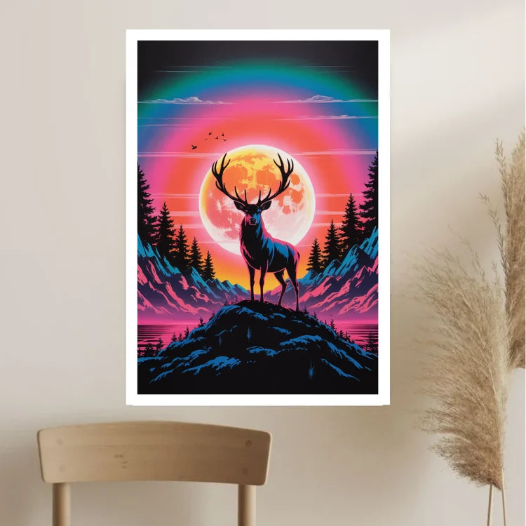 A framed vertical art print featuring a stylized deer standing on a hill with a large glowing moon and rainbow sky, displayed on a beige wall above a wooden chair with dried grass decor.