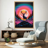 A framed vertical art print featuring a deer silhouette standing on a hill in front of a large glowing moon and rainbow sky, displayed in a styled living room above a console table and next to a light blue armchair.