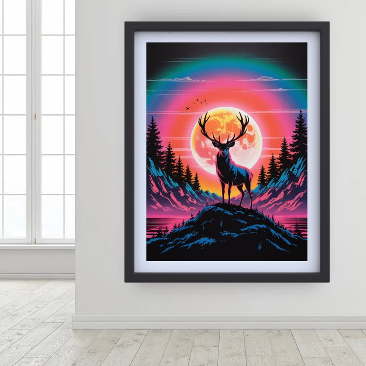 A framed art print featuring a stylized deer silhouette standing on a hill in front of a large glowing moon, with a rainbow arch over mountains and trees. The print is displayed on a white wall in a bright room with a window and light wood floor.