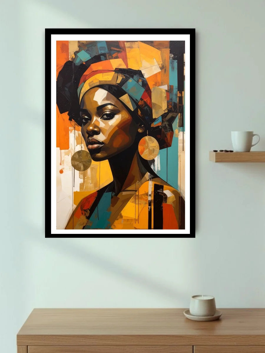 Framed artwork of a stylized portrait on a wall above a wooden shelf with a cup.