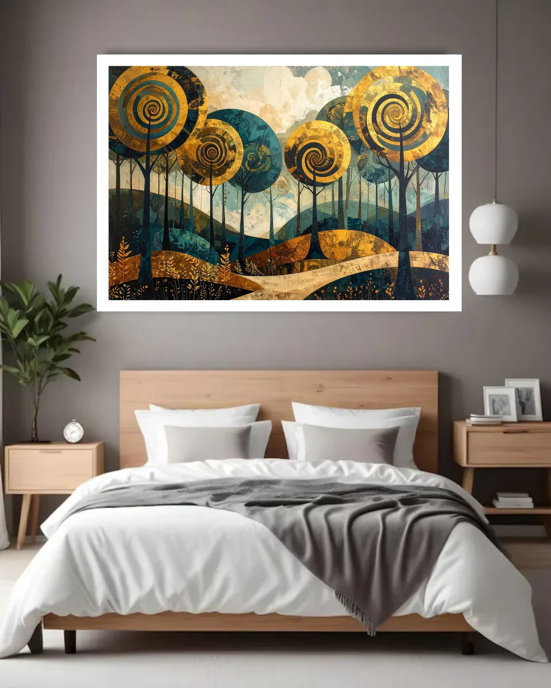 A framed wall art print featuring stylized trees with spiral patterns in yellow, blue, and brown, displayed above a neatly made bed in a modern bedroom setting.