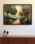 A framed abstract landscape art print featuring stylized trees with spiral patterns in gold, black, and blue tones, hanging on a white wall above a wooden cabinet with small potted cacti.