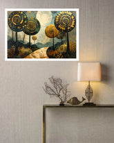 A framed wall art print featuring stylized golden trees and a moonlit landscape, displayed on a textured light gray wall above a console table with a lamp and decorative branches.