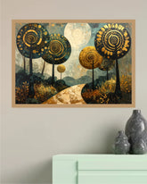 A framed wall art print depicting stylized trees with spiral patterns in gold, beige, and dark blue tones, displayed on a light gray wall above a mint green cabinet with gray decorative vases.