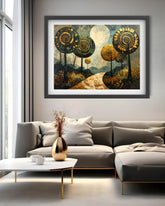 A framed wall art print hangs above a gray sectional sofa in a modern living room. The artwork depicts stylized golden trees with circular patterns, a winding path, and a pale moon or sun in the background.