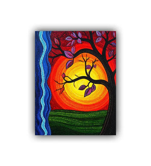 Sun tree spiritual wall art painting with warm sunset colors
