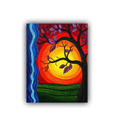 Sun tree spiritual wall art painting with warm sunset colors
