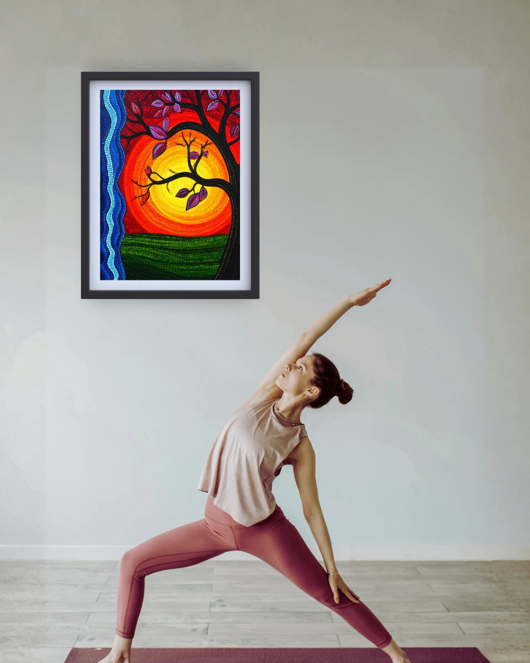 Sun tree meditation wall art with yoga lifestyle setting
