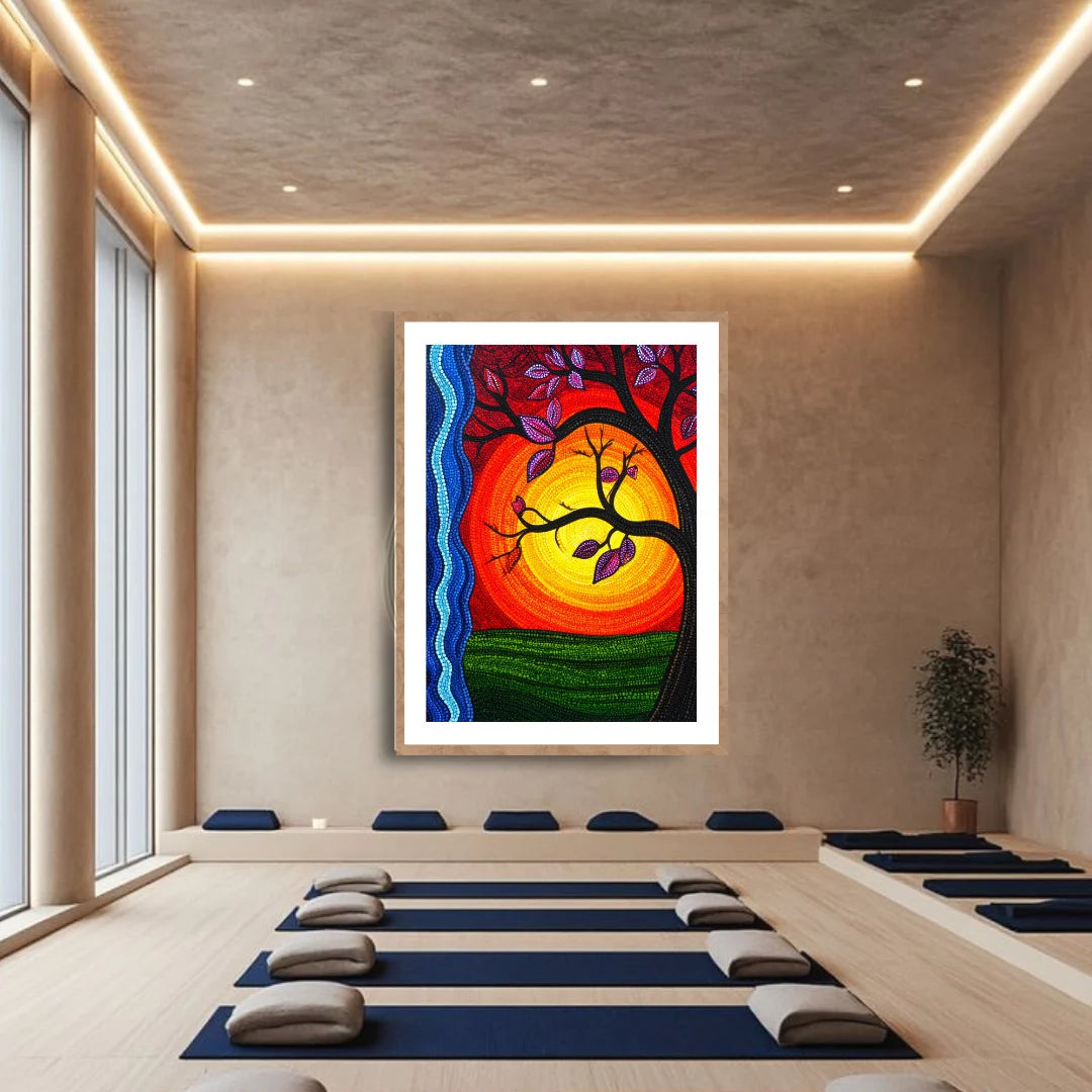 Sun tree wall art for yoga room and meditation hall decor
