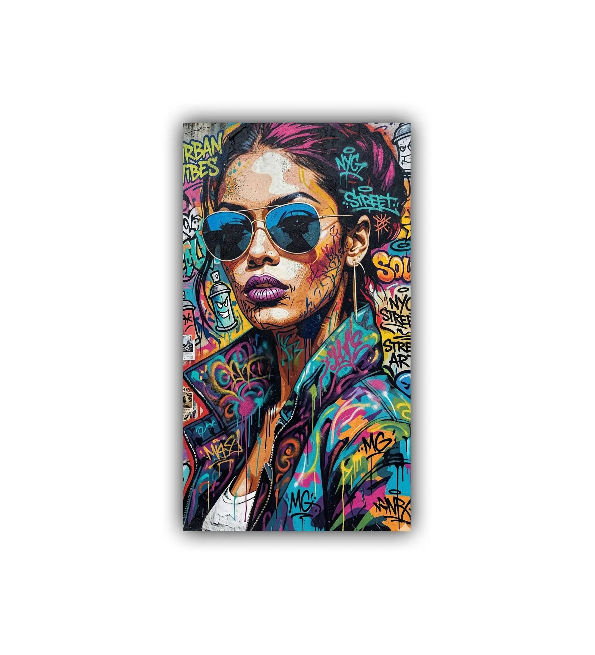 Colorful graffiti-style artwork of a woman wearing sunglasses on a white background