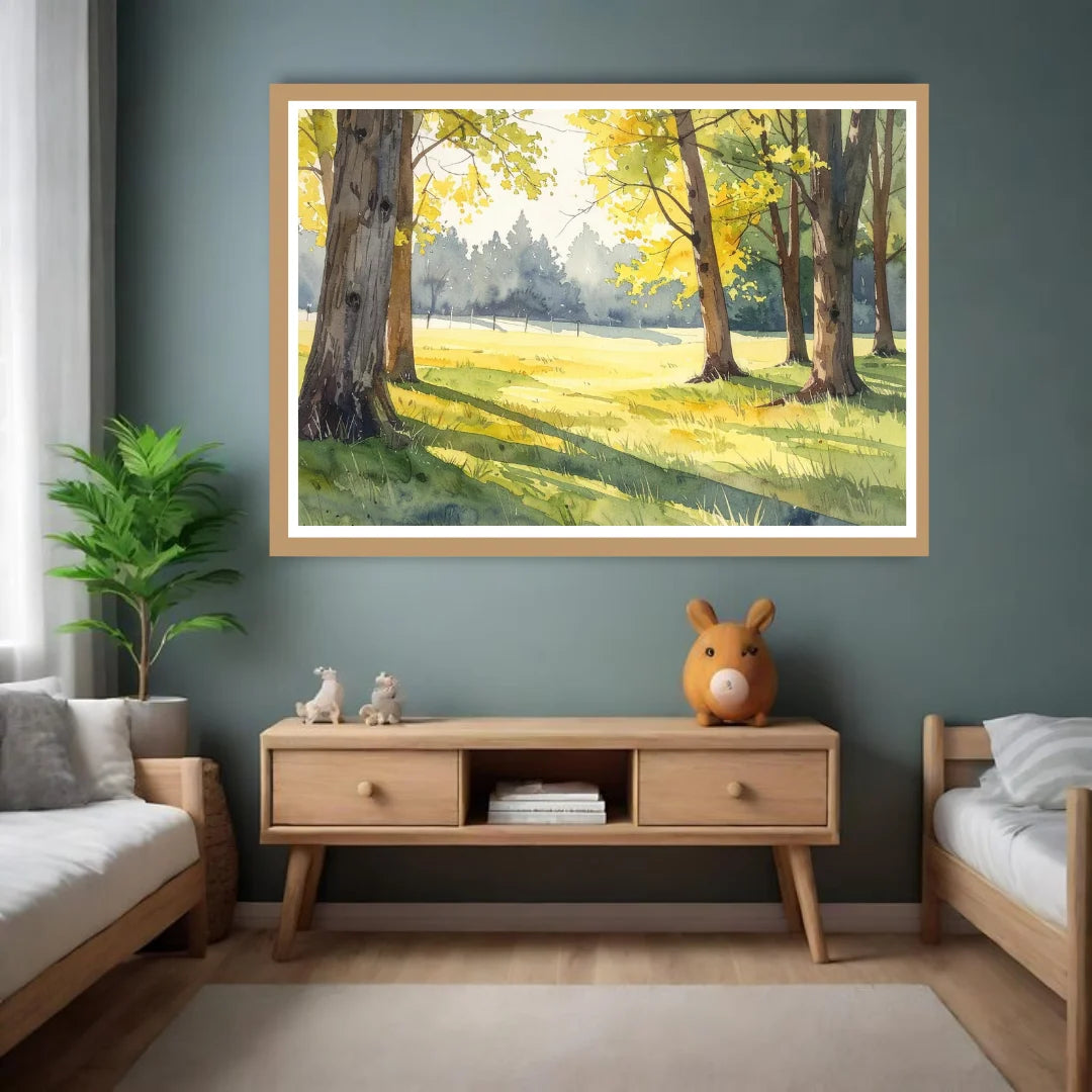 Framed landscape painting on a wall above a wooden console table in a living room.